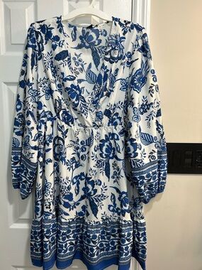 Shein curve blue and white floral print mini dress
